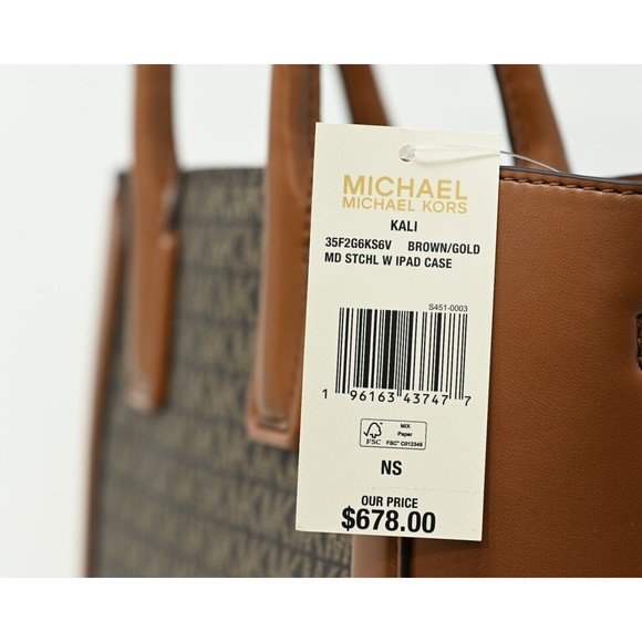 MICHAEL KORS KALI Medium Satchel w iPad Case Brwn Gold Signature Canvas NWT $678 - Picture 14 of 16